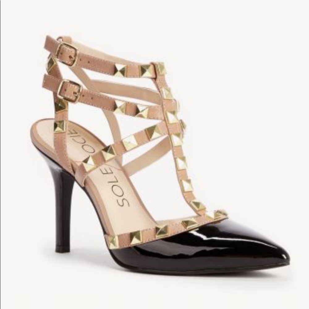 Studded t-strap heel